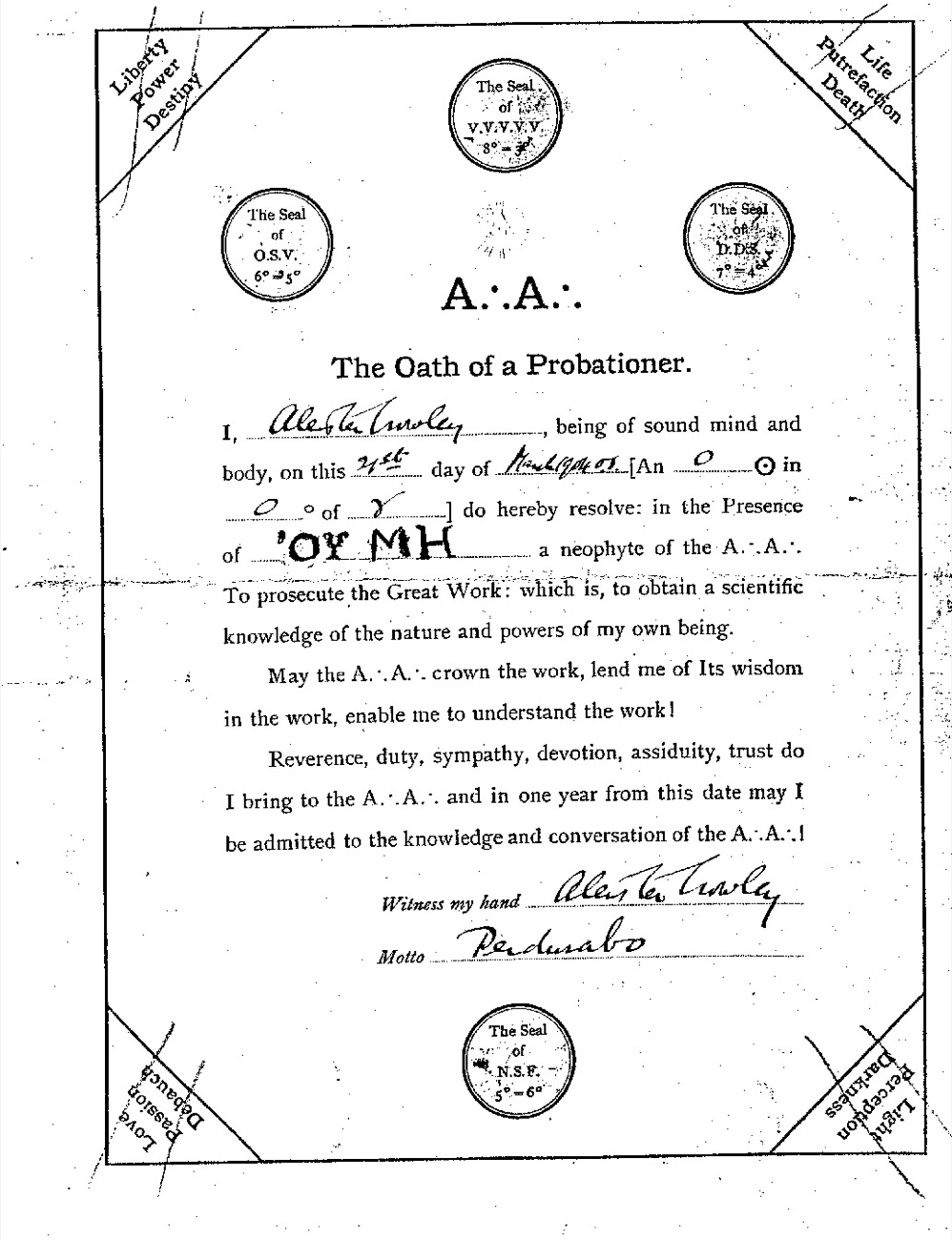 Aleister Crowley's Probationer oath card
